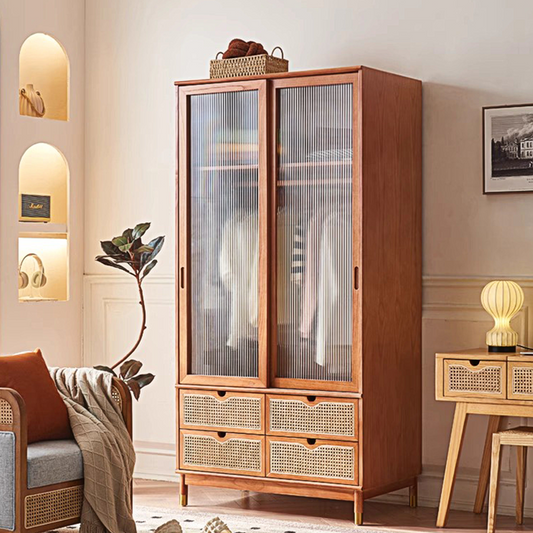 Fritzy Rattan Wardrobe With Coat Hanger & Sliding Glass Doors