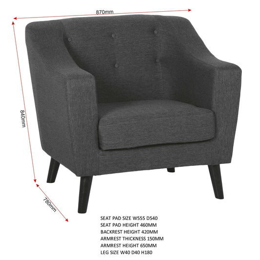 Ashley 1 Seater Sofa Dark Grey Fabric