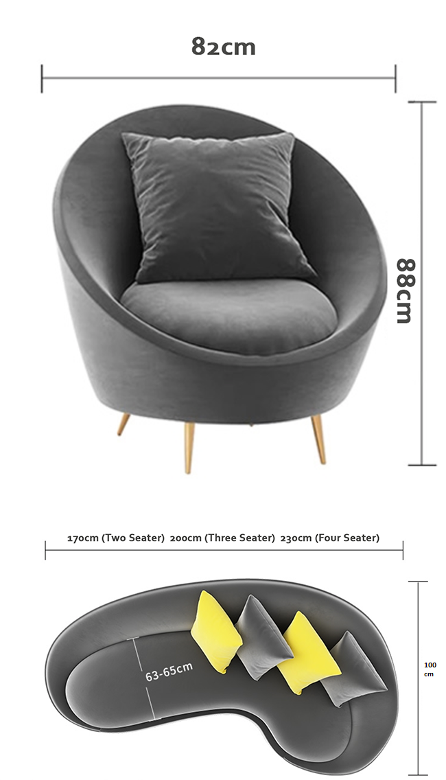 Slender Modern Curved Two Seater, Three Seater, Armchair, Velvet