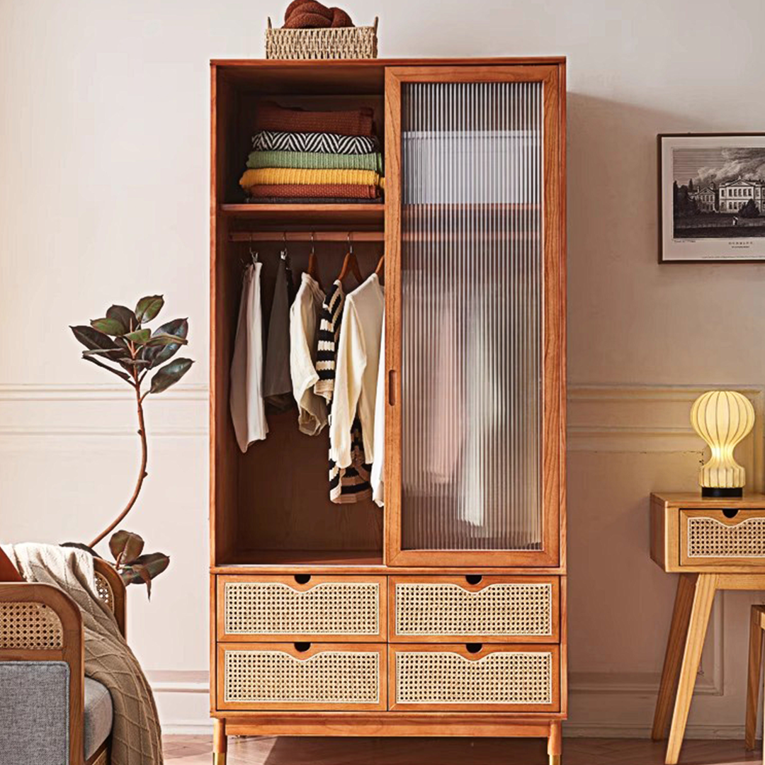 Fritzy Rattan Wardrobe With Coat Hanger & Sliding Glass Doors