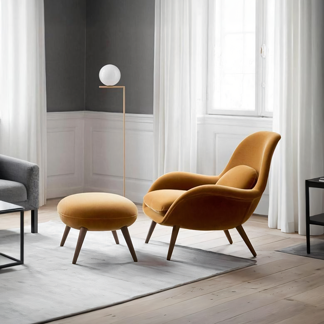 Fredericia Swoon Armchair And Footstool, Velvet, Blue