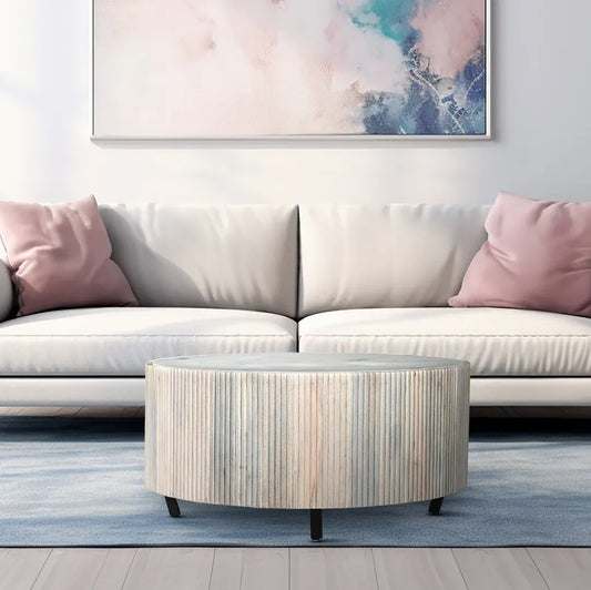 Selene Drum Marble Top Coffee Table-Natural/White