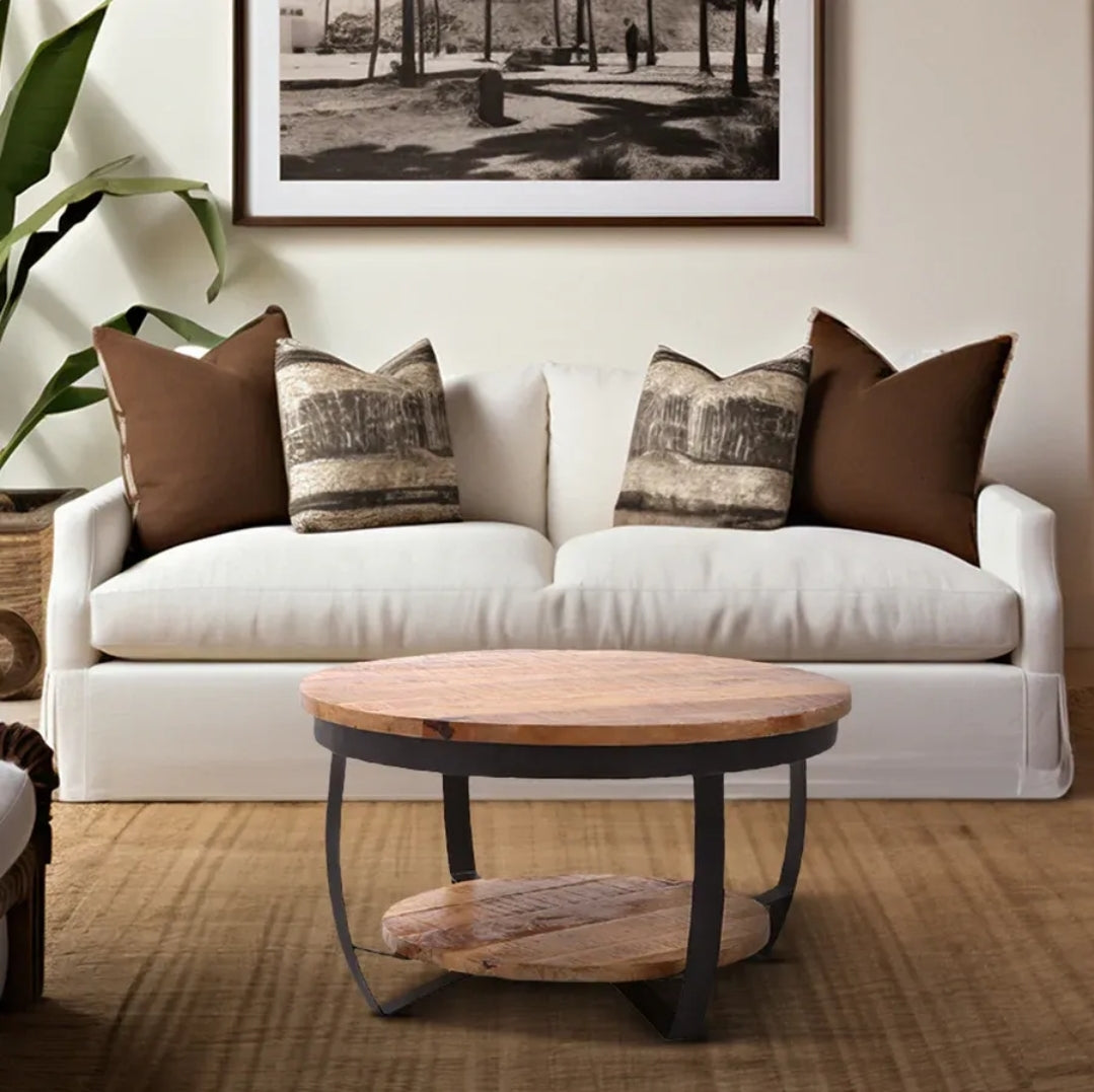 Vera Drum Coffee Table-Natural Mango Wood/Black