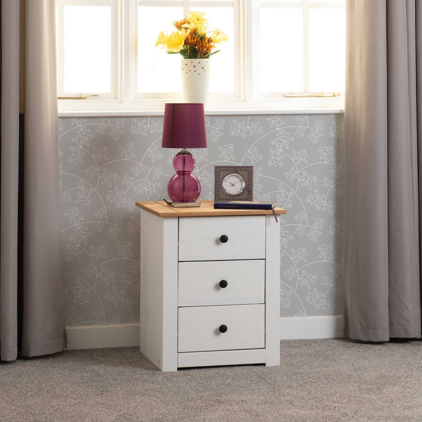 Panama 3 Drawer Bedside  White/Natural Wax